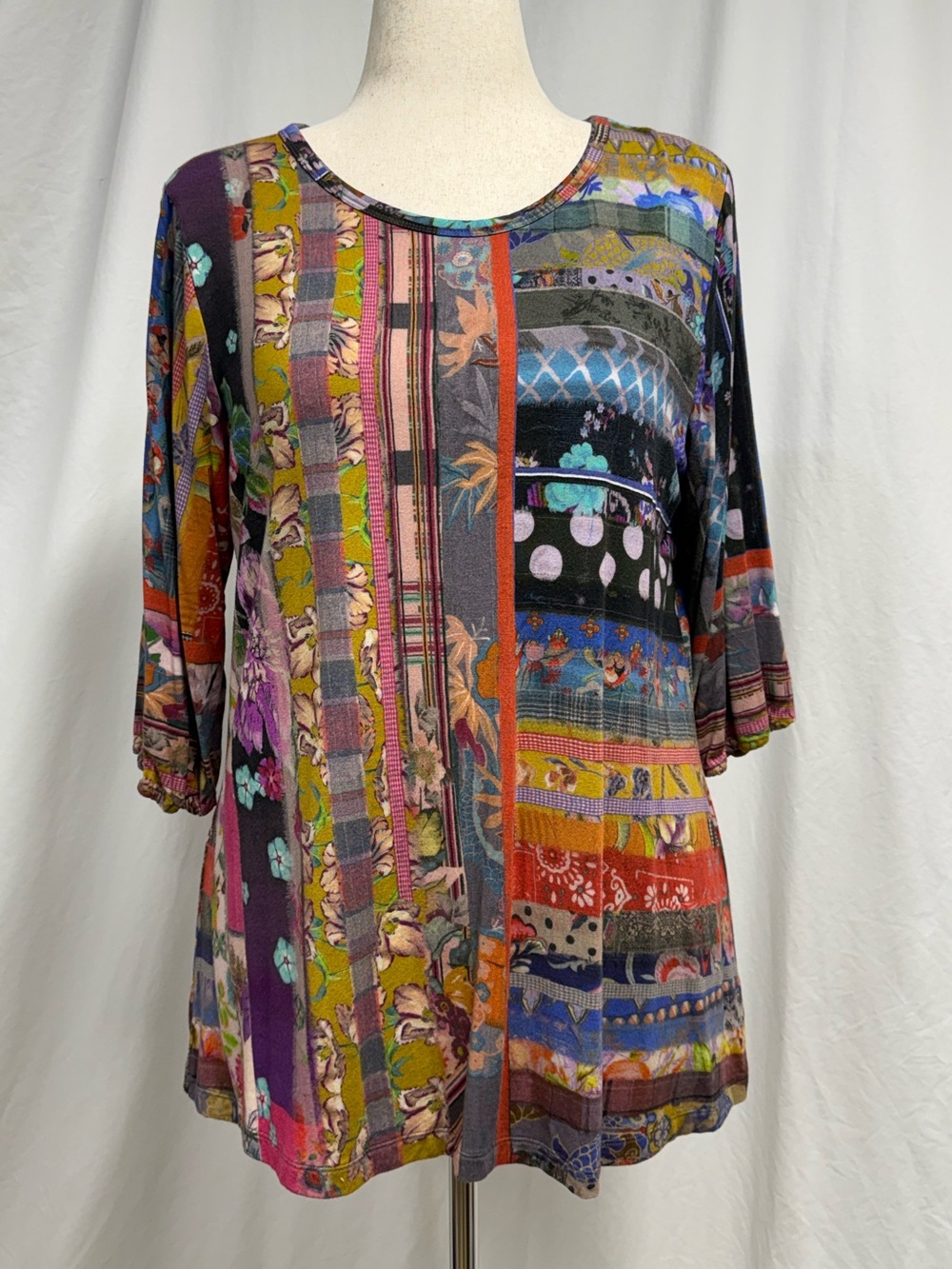 Johnny Was Multi-Color Patchwork 3/4 Sleeve Top